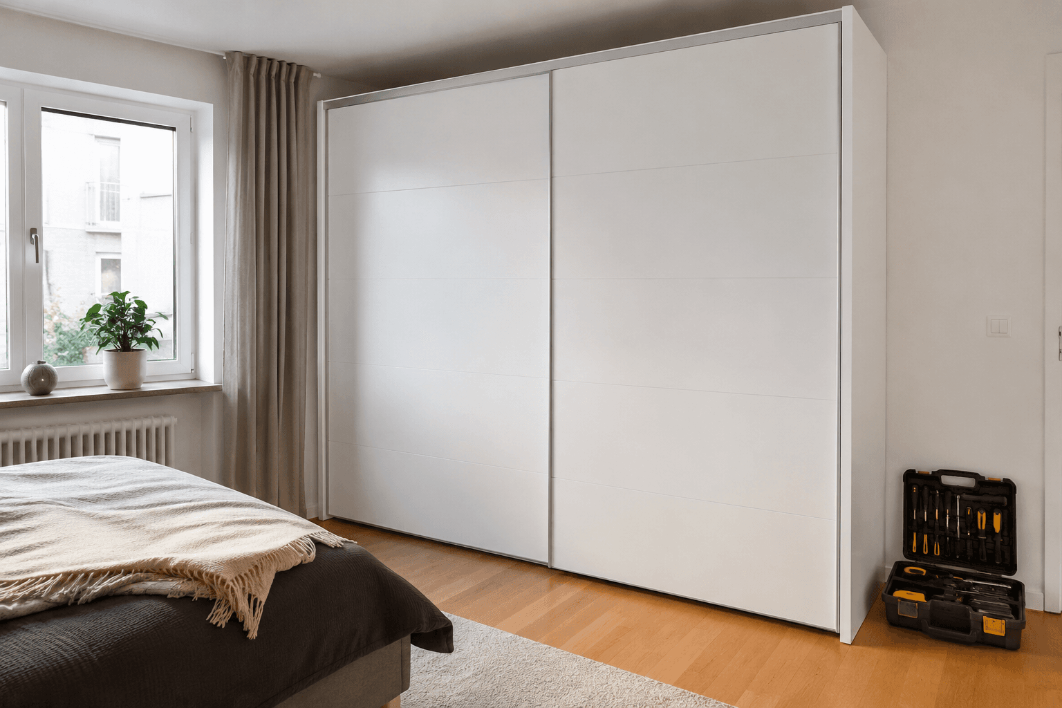 Fertig montierter weißer Kleiderschrank in einem hellen Schlafzimmer